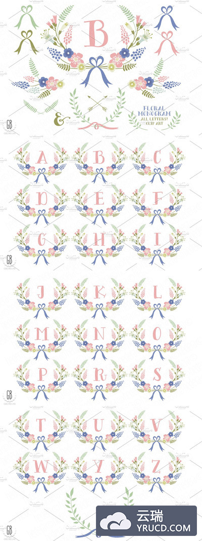 花卉花环插画 Floral wreaths laurels monogram c74