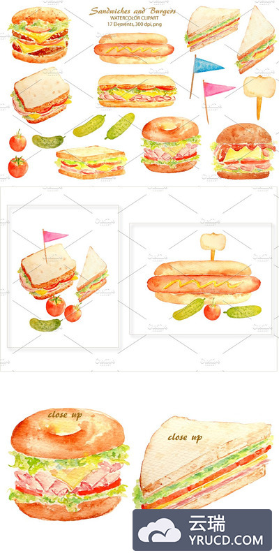 水彩三明治插画 Watercolor Sandwich Burger Hotdog