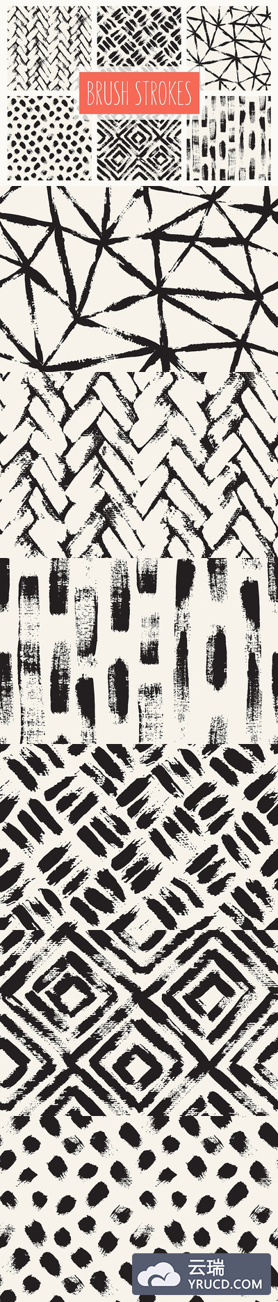 干墨笔刷背景 Brush Strokes. Seamless Patterns v.1