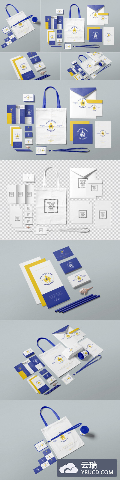 Mockups | 多角度蓝黄白撞色商业商务文具PSD模型样机场景