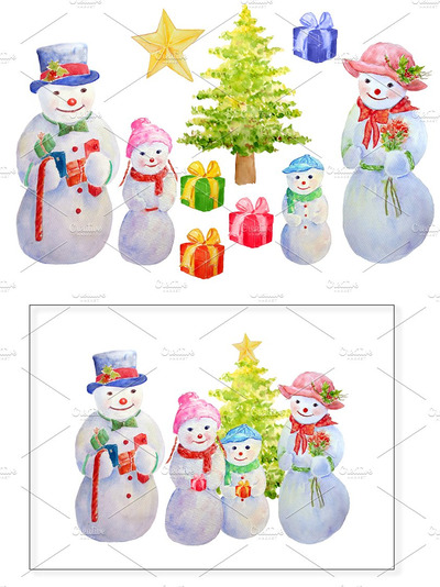 圣诞节水彩雪人插画 Watercolor Snowman Family