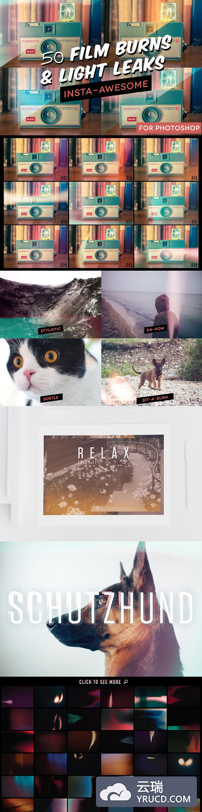 电影光线效果图层 50+ Film Burns & Light Leaks