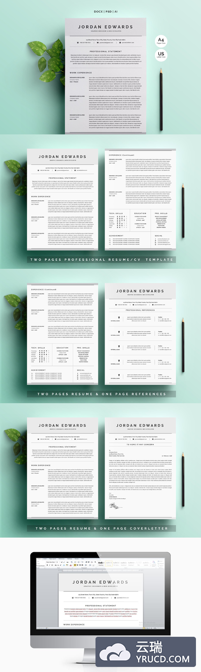 干净的简历模板 Clean Word Resume Template 4 Pages