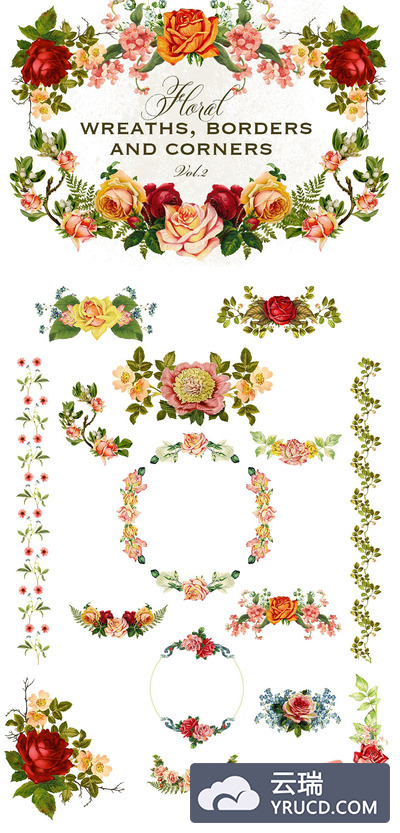 水彩花卉素材插画 Floral Wreaths Borders & Corners 2