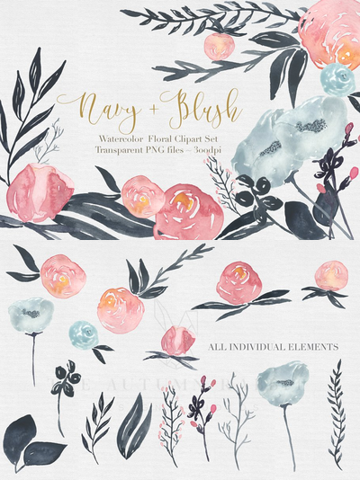 水彩花卉插画 Navy + Blush Watercolor Clipart Set