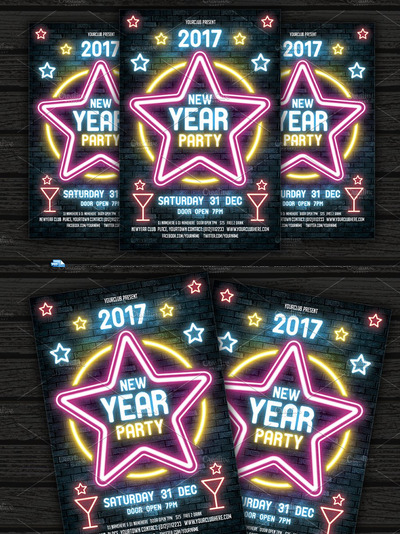 霓虹灯新年海报制作模板 Neon New Year Party Flyer