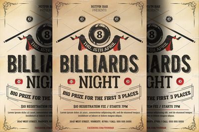 经典台球海报设计模板 Pool Billiards Flyer Template