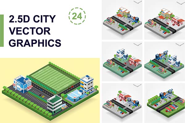 2.5D 精细有创意的矢量城市插画素材包下载 [EPS]