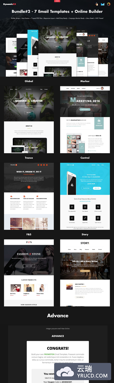 邮件促销网页模板 Bundle#2 - 7 Email Templates+Builder