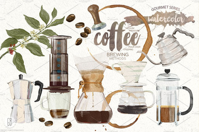 水彩咖啡元素插画 Watercolor coffee brewing methods