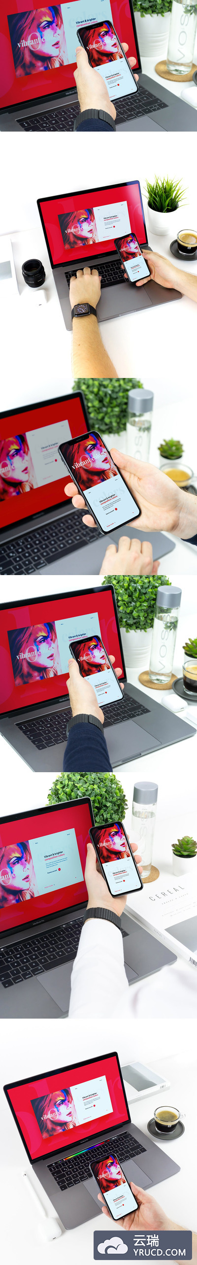 工作场景的 Macbook Pro  iPhone 响应式网页设计展示样机Mockup下载[PSD]