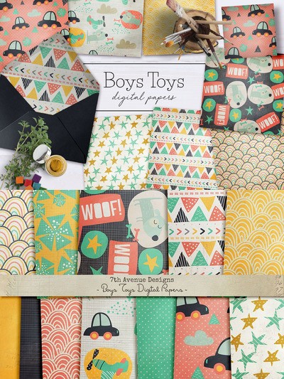 男童玩具图案素材 Boys Toys Digital Papers