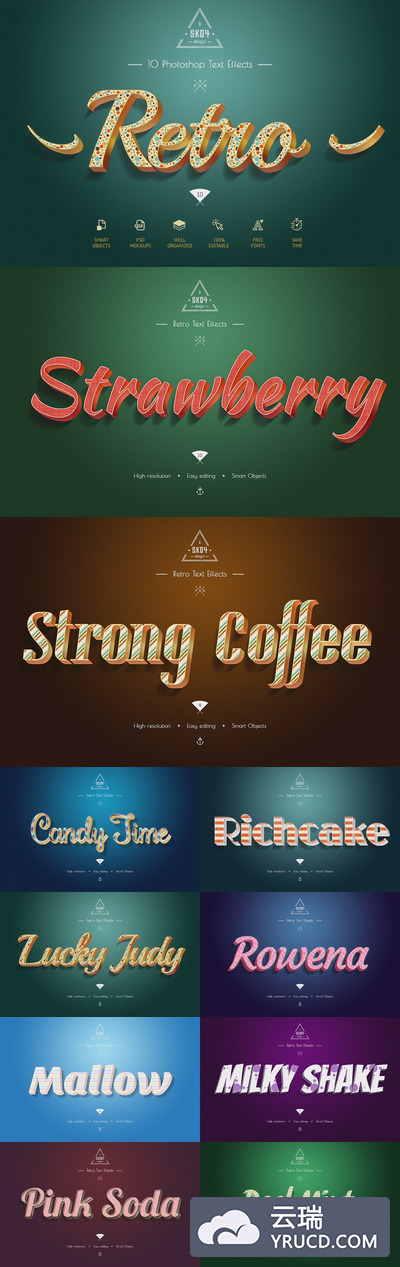 10个时尚高端3D立体复古彩色文本效果图层样式大集合