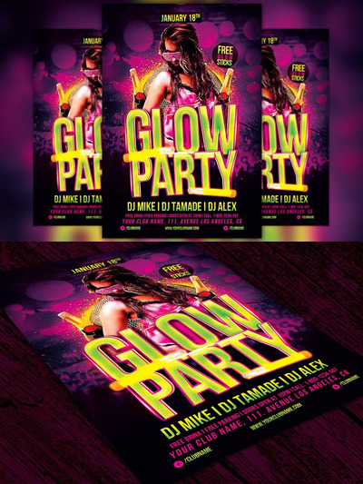 舞会派对宣传单模板 Glow Party Flyer Template