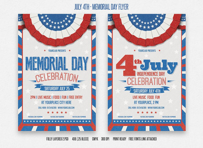 美国元素海报设计模板 July 4th and Memorial Day Flyer