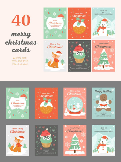 圣诞节卡片插画 40 Christmas Cards Illustrations