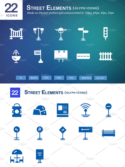 街道元素图标素材 22 Street Elements Glyph Icons