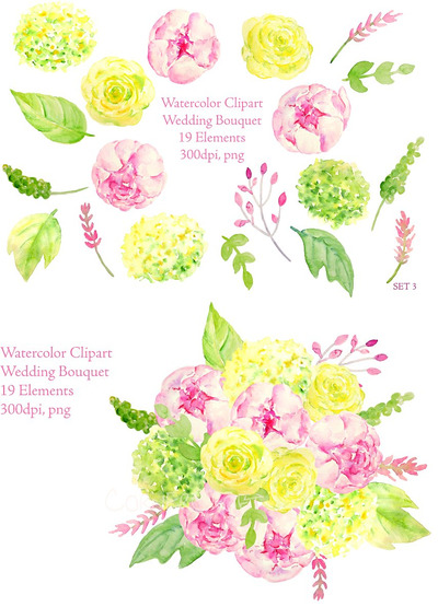 水彩花卉元素 Peony Rose Hydrangea Bouquet