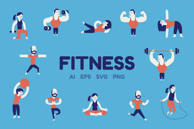 插画 | 矢量卡通健身运动男女人物瑜伽动作元素