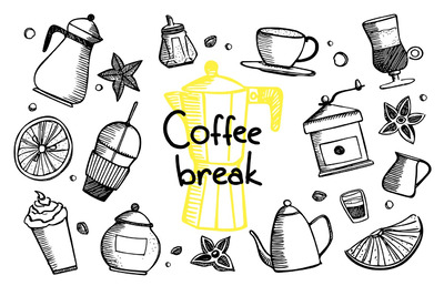 插画 | 咖啡饮料茶水间手绘矢量黑白线条主题元素