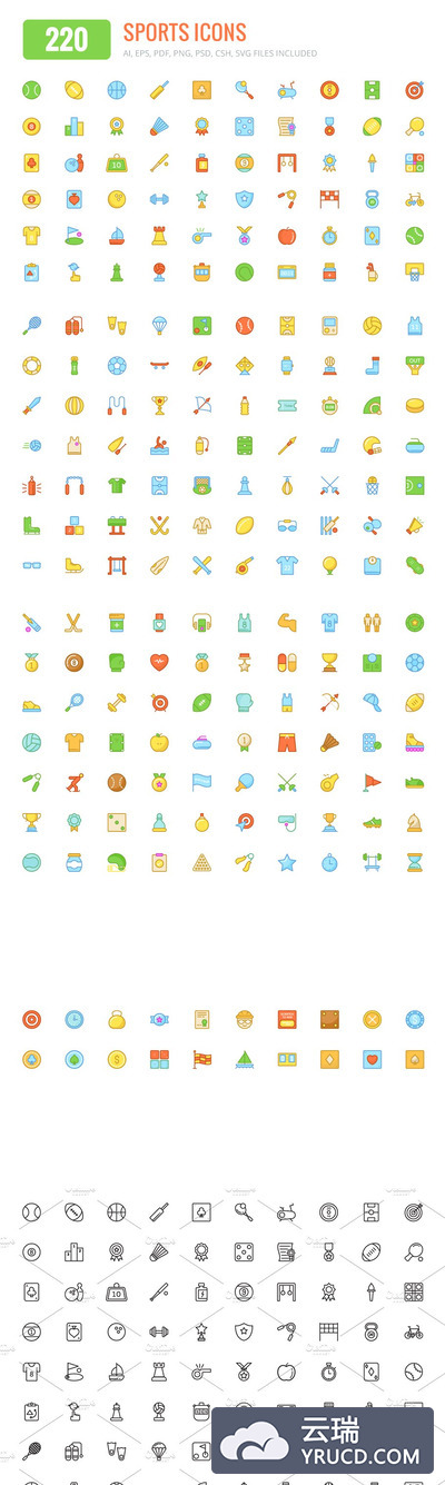 200+运动彩色和线条图标 200+ Sports Colored and Line Icons