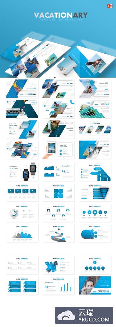 PPT | 蓝色色块商务多功能业务完美插图数据表幻灯片模板