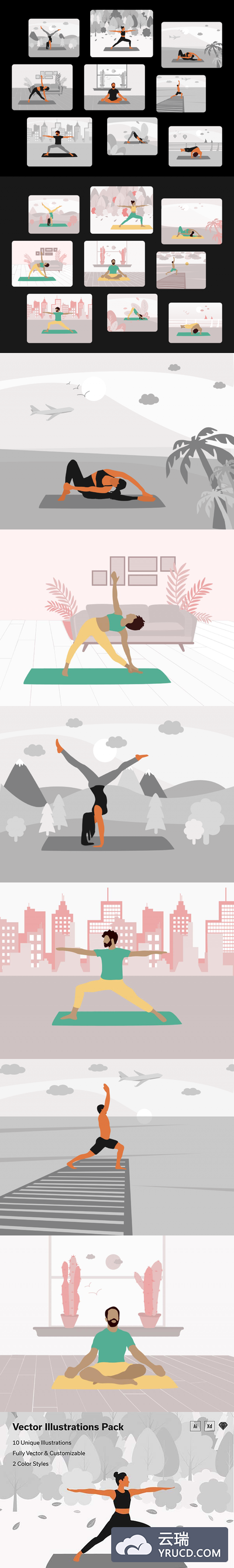 瑜伽运动矢量插画套装[Ai,XD,Sketch]
