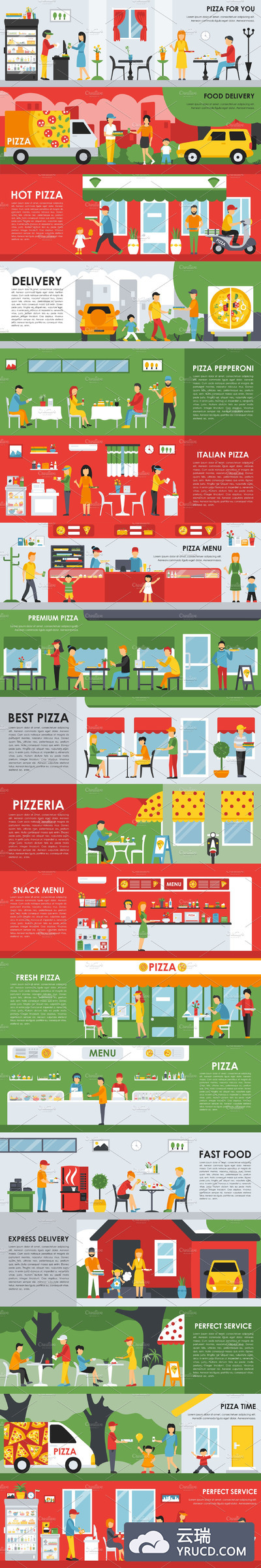 扁平化披萨元素插画 Pizzeria Flat Interiors 9 sets