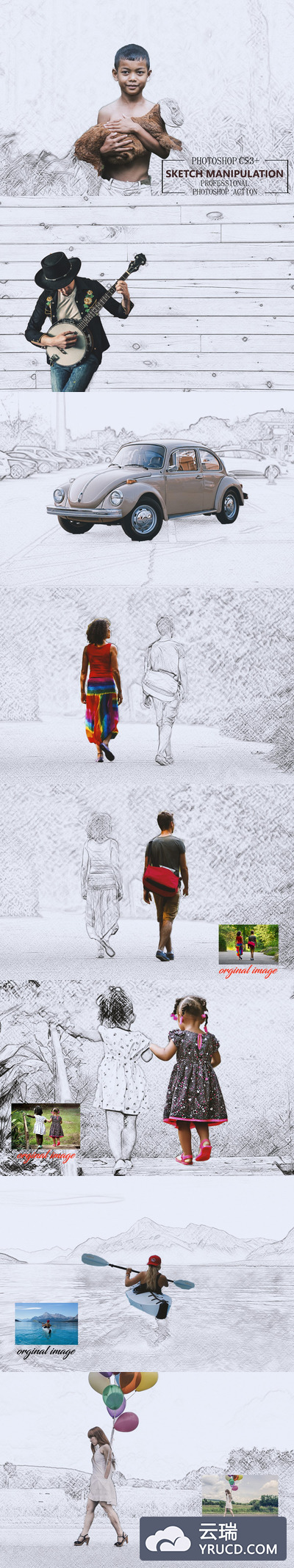 背景素描草图效果ps动作下载