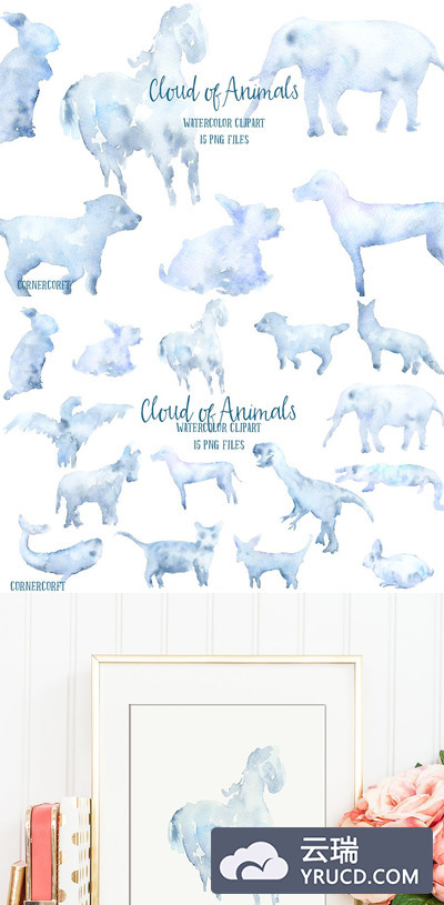 水彩动物云朵插画 Watercolor Cloud of Animals