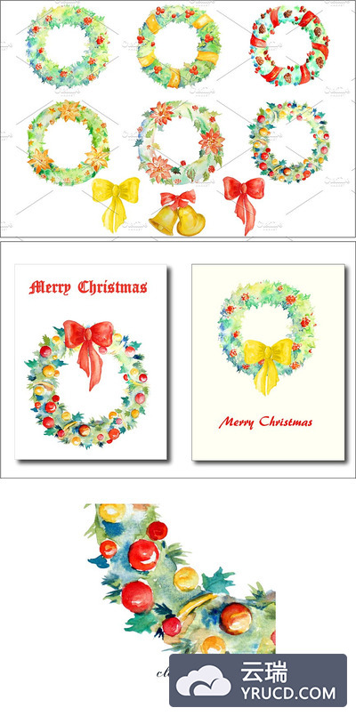 水彩圣诞节插画素材 Watercolor Christmas Wreaths