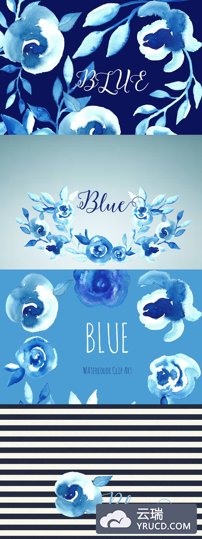 蓝色水彩花卉素材 Bleu flowers Watercolor clip art