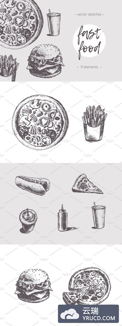 快餐素描插画 Collection of fast food