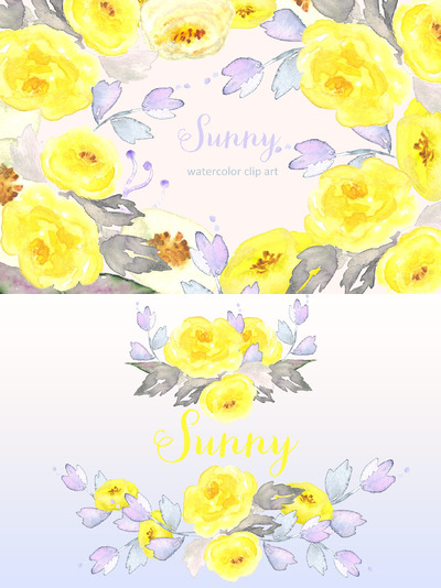 手绘黄色花卉水彩插画 Sunny Watercolor Clipart