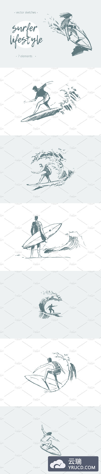 冲浪者素材插画 Set of sketches of surfers
