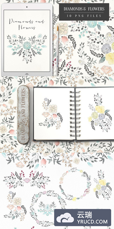 水彩钻石插画简历素材 Diamonds and Flowers