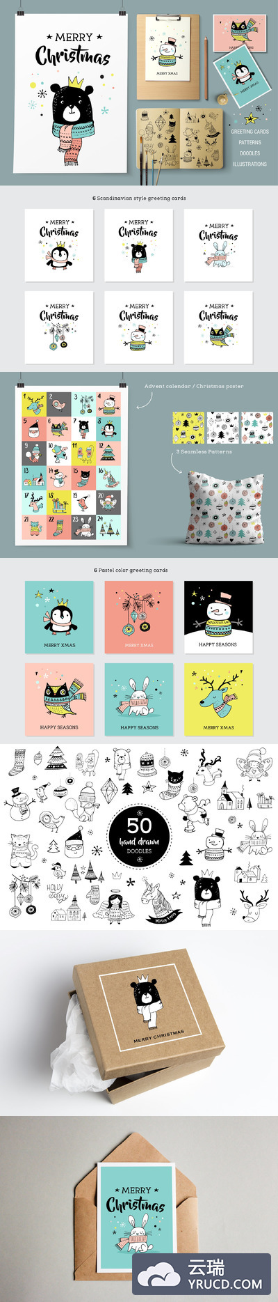 圣诞节卡片插画 Merry Christmas greetings & doodles