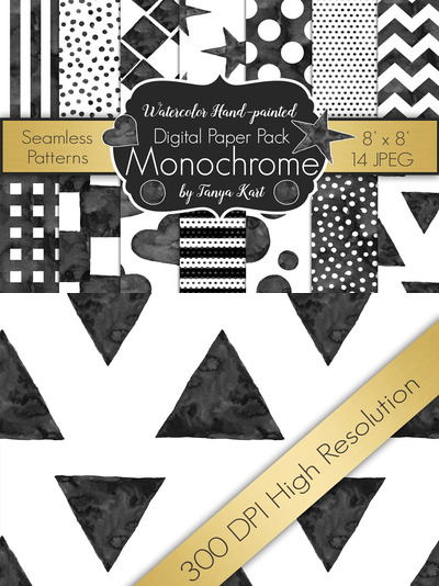 水彩图案背景纹理 Monochrome Watercolor Digital paper