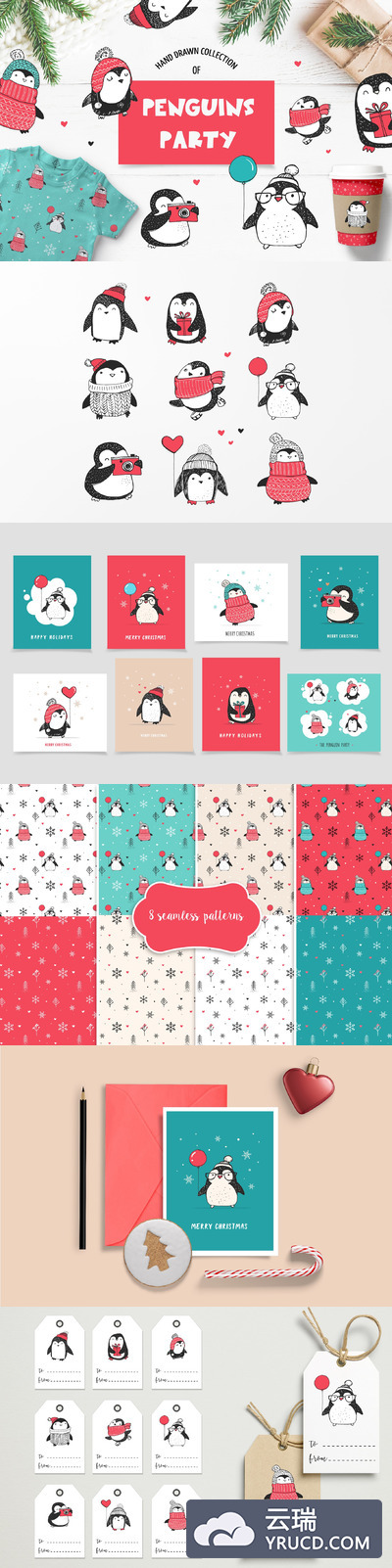 卡通圣诞节企鹅插画 Cute penguin icons, Christmas cards