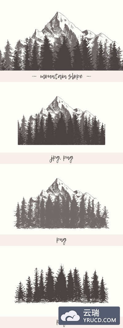 山坡素描素材插画 Mountain slope with a fir forest