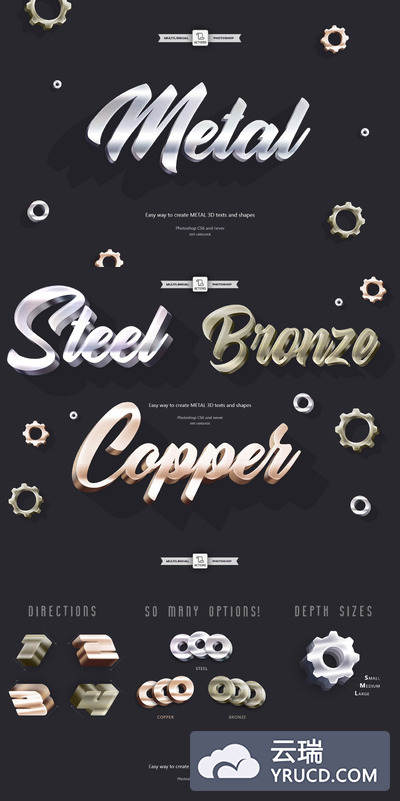 高品质的逼真3D立体金属质感photoshop图层样式动作预设集合