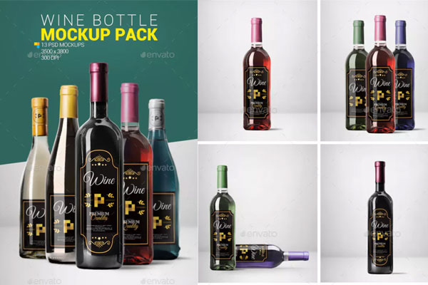 逼真的葡萄酒瓶样机套装