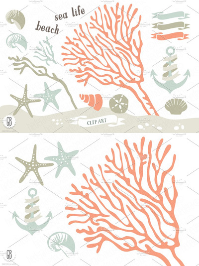珊瑚插画素材 Beach sea corals nautical 06