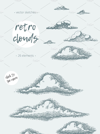 一套复古的云插图 Set of retro clouds illustrations