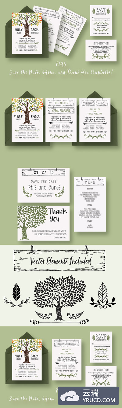 植物婚礼邀请函模板 Rustic Tree Wedding Suite