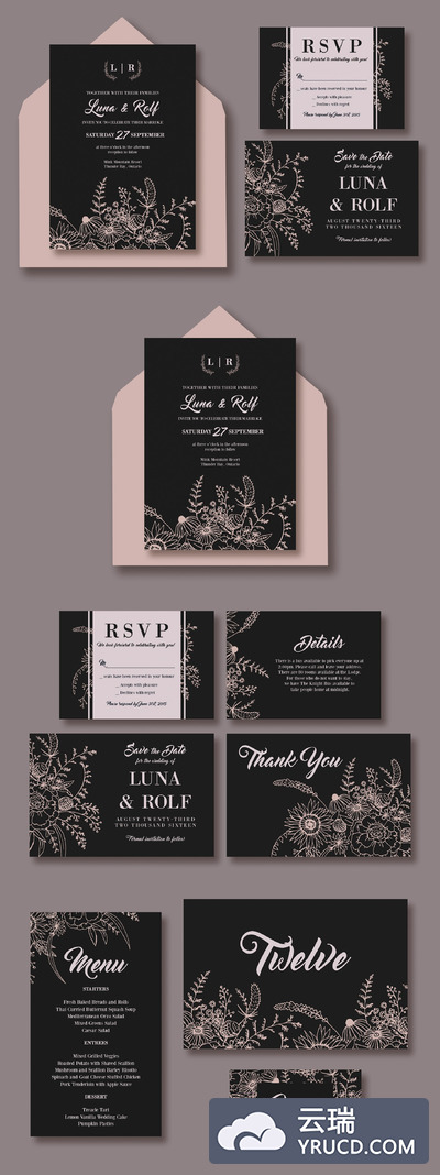 线性花卉婚礼邀请函模板 Line Bouquet Wedding Suite