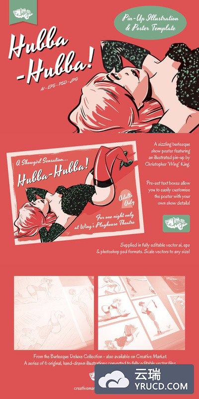 复古卡通插画 Showgirl Pin-Up Illustration