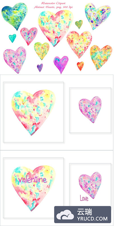 抽象水彩爱心剪贴画 Watercolor Clipart Abstract Hearts