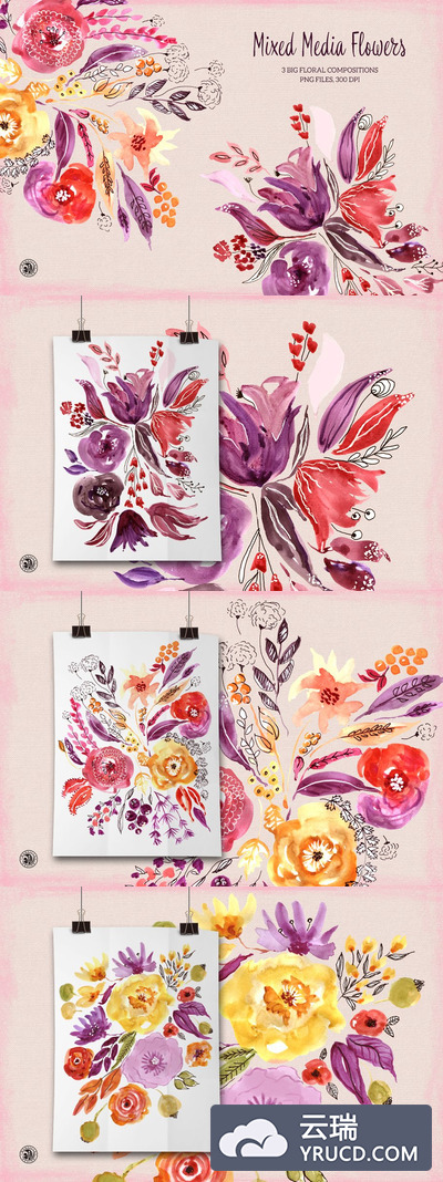 水彩花卉素材插画 Mixed Media Flowers