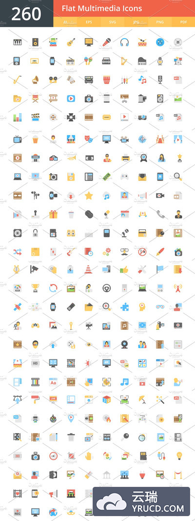 260个平面多媒体图标素材 260 Flat Multimedia Icons